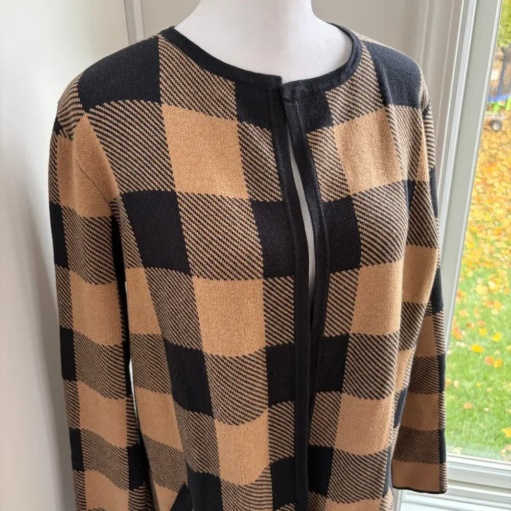 J.Crew Plaid Open Front‎ Cardigan Tunic Black Brown Sweater Small Oversized